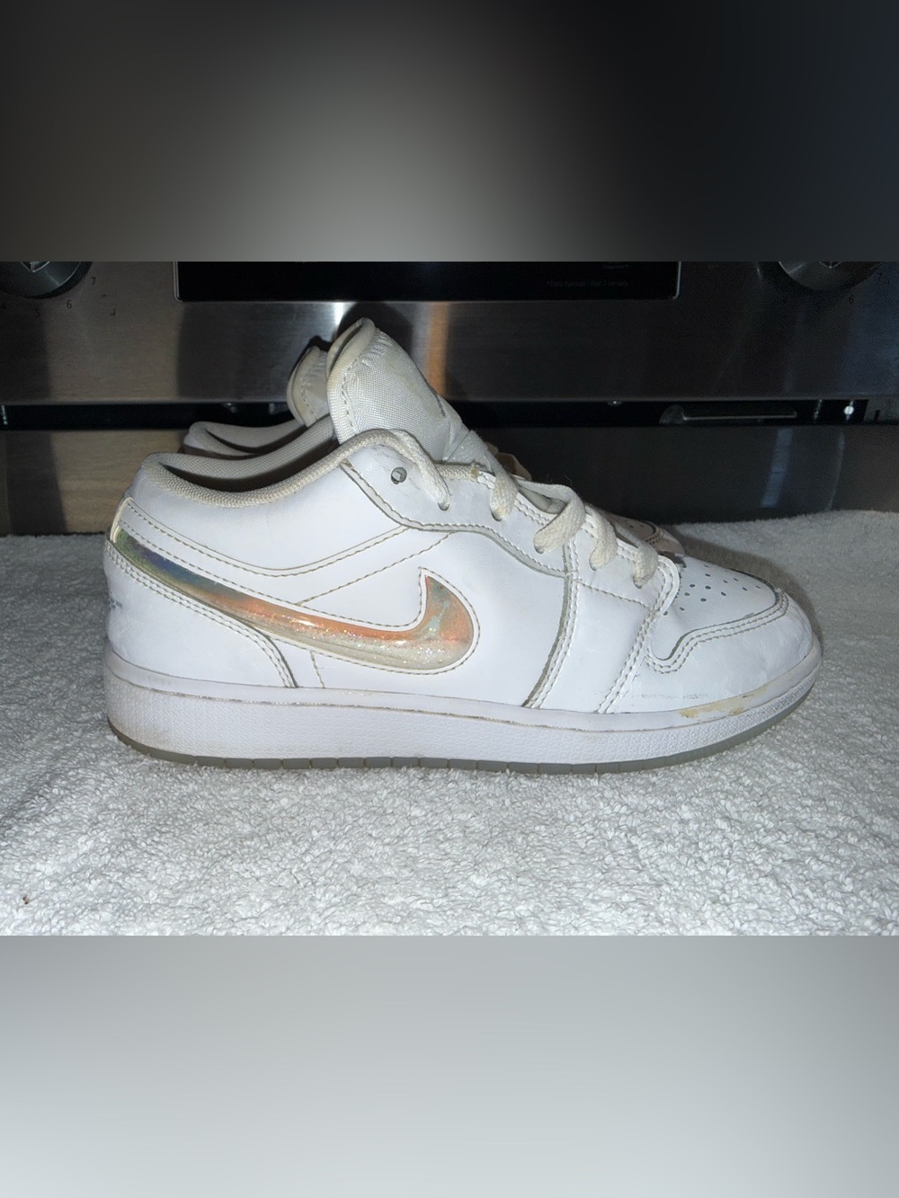 Nike Air Jordan’s White Low-Top Sneaker with Iridescent Swoosh‎ Size 5Y